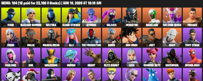 Fortnite account inventory for LVL 1528 - Fixer - Blizzard Bomber - 104 Outfits