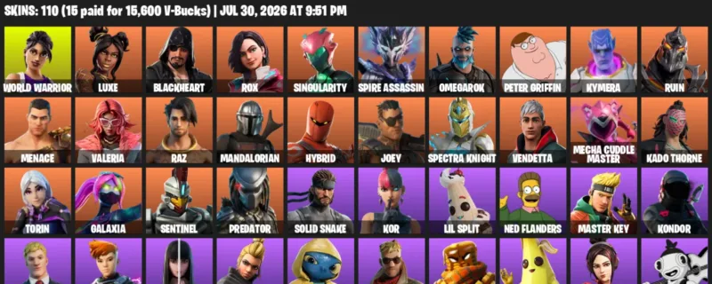 Fortnite Accounts listing: LVL 2257 - World Warrior - Luxe - 110 Outfits - 110 outfits