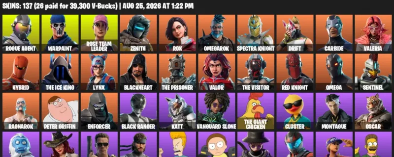 Fortnite account inventory for LVL 1178 - Rogue Agent - Warpaint - 137 Outfits