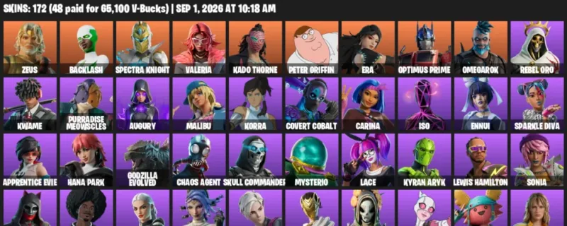 Fortnite account inventory for LVL 2184 - Zeus - Backlash - 172 Outfits