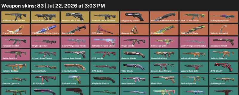 Valorant Accounts listing: LVL 222 · .SYS Melee & Personal Administrative Melee Unit · 83 Skins - Bronze 2, 83 skins