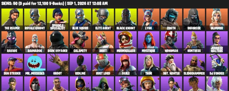 Fortnite account inventory for LVL 1029 - The Reaper - Royale Knight - 50 Outfits
