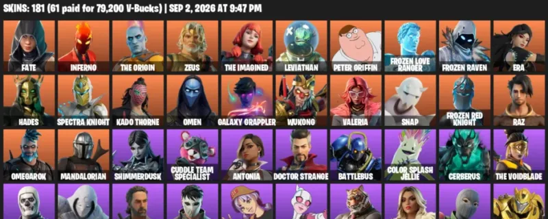 Fortnite account inventory for LVL 2318 - Fate - Inferno - 181 Outfits