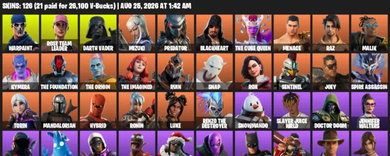 Fortnite account inventory for LVL 1790 - Warpaint - Rose Team Leader - 126 Outfits