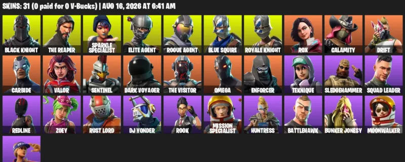 Fortnite account inventory for LVL 363 - Black Knight - The Reaper - 31 Outfits