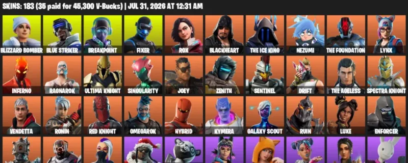 Fortnite Accounts listing: LVL 1978 - Blizzard Bomber - Blue Striker - 183 Outfits - 183 outfits