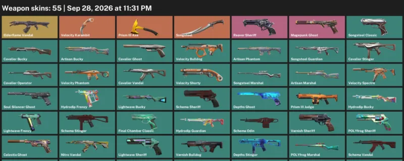 Valorant account inventory for LVL 119 · Velocity Karambit & Artisan Phantom