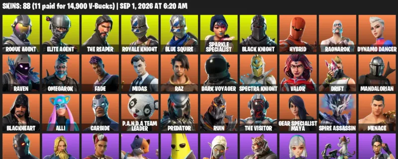 Fortnite account inventory for LVL 1407 - Rogue Agent - Elite Agent - 88 Outfits