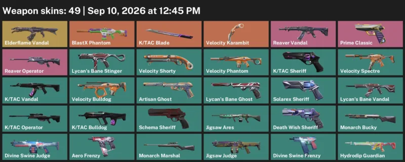 Valorant account inventory for LVL 173 · Tac Blade & Velocity Karambit & BlastX Phantom