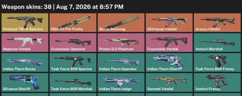 Valorant account inventory for LVL 48 · Araxys Vandal & Glitchpop Vandal