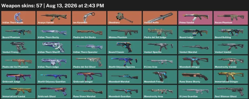 Valorant account inventory for LVL 111 · Ion Karambit & Iridian Thorn Blade & 57 Skins Ion Karambit