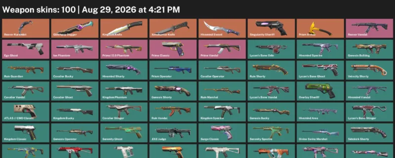 Valorant account inventory for LVL 290 · Reaver Karambit & Xenohunter Knife