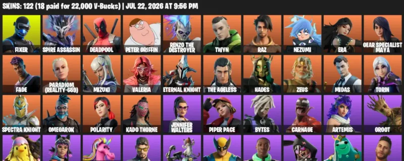Fortnite Accounts listing: LVL 3431 - Fixer - Spire Assassin - 122 Outfits - 122 outfits