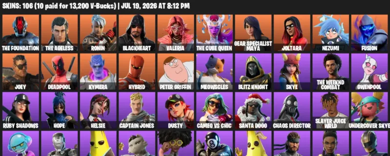 Fortnite Accounts listing: LVL 2316 - The Foundation - The Ageless - 106 Outfits - 106 outfits