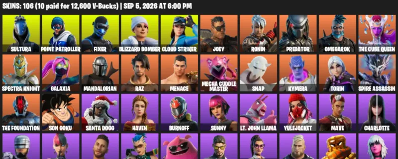 Fortnite account inventory for LVL 1558 - Sultura - Point Patroller - 106 Outfits