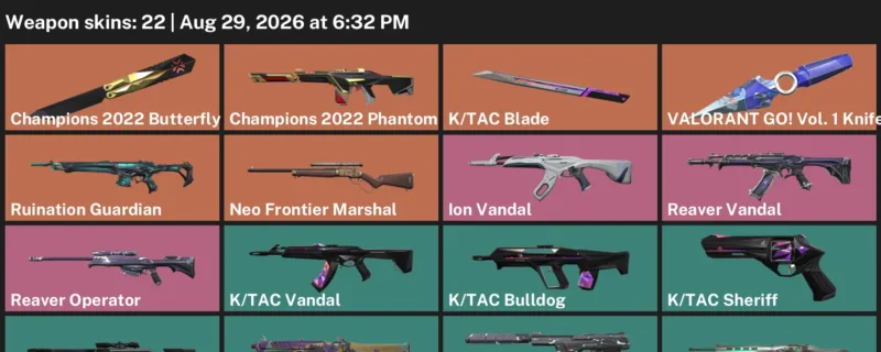 Valorant account inventory for LVL 56 · Champions 2022 Butterfly Knife & K & Champions 2022 Phantom