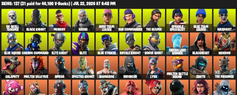 Fortnite Accounts listing: LVL 1664 - OG Skull Trooper - Black Knight - 137 Outfits - 137 outfits
