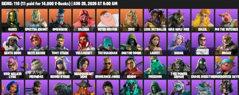 Fortnite account inventory for LVL 1783 - Hades - Spectra Knight - 116 Outfits
