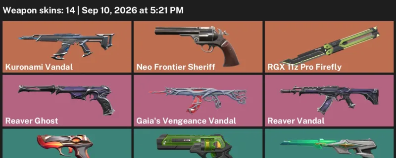 Valorant account inventory for LVL 159 · Kuronami Vandal & Gaia's Vengeance Vandal