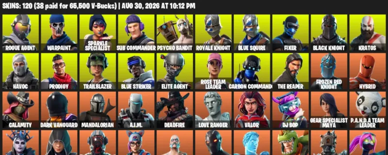 Fortnite account inventory for LVL 1134 - Rogue Agent - Warpaint - 120 Outfits