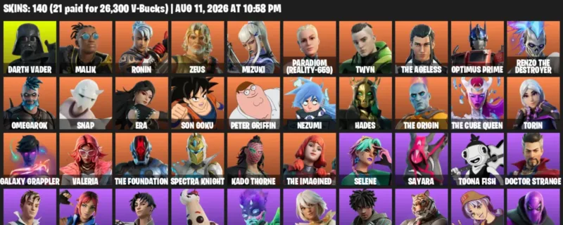 Fortnite account inventory for LVL 2531 - Darth Vader - Malik - 140 Outfits