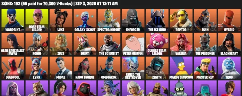 Fortnite account inventory for LVL 1809 - Warpaint - Rose Team Leader - 192 Outfits