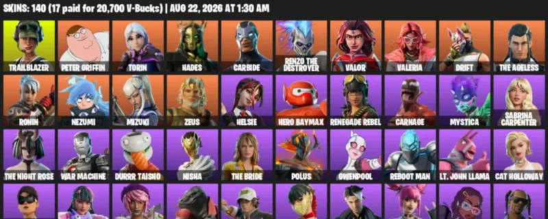 Fortnite account inventory for LVL 2382 - Trailblazer - Peter Griffin - 140 Outfits