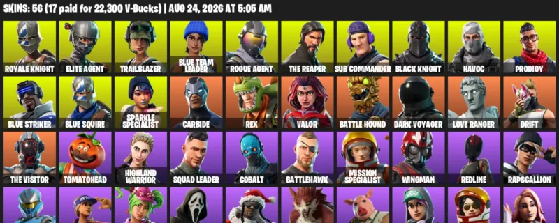 Fortnite account inventory for LVL 947 - Royale Knight - Elite Agent - 56 Outfits