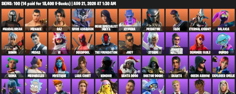 Fortnite account inventory for LVL 2999 - Mandalorian - Menace - 100 Outfits