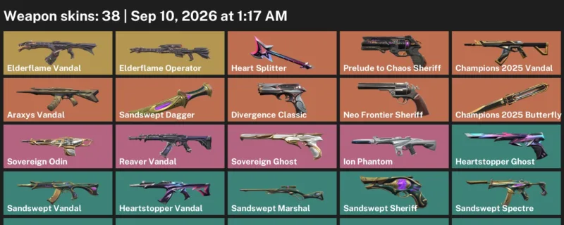 Valorant account inventory for LVL 120 · Champions 2025 Vandal