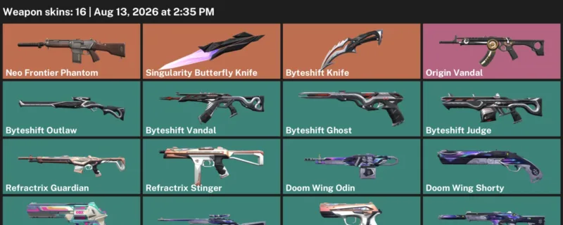 Valorant account inventory for LVL 72 · 16 Skins Byteshift Knife & Singularity Butterfly Knife