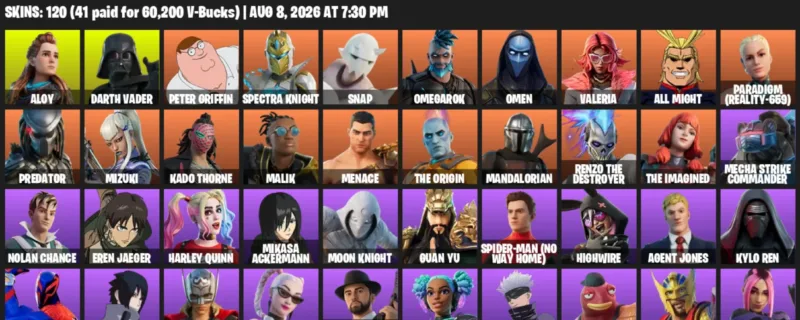 Fortnite account inventory for LVL 1689 - Aloy - Darth Vader - 120 Outfits