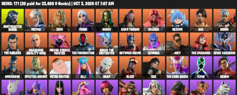 Fortnite account inventory for Huntmaster Saber - Mizuki - 120 Outfits