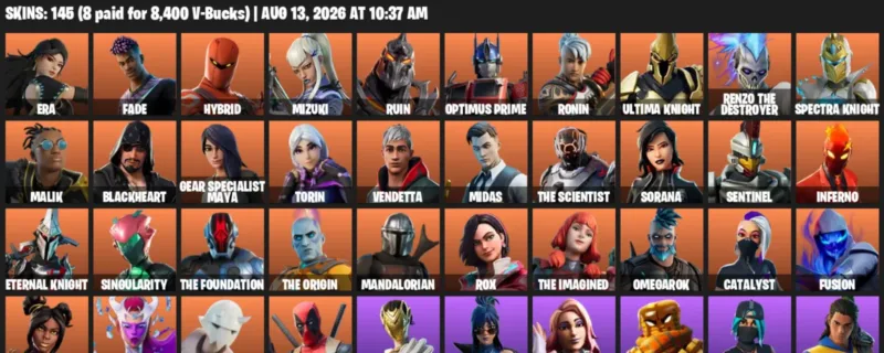 Fortnite account inventory for LVL 2740 - Era - Fade - 145 Outfits