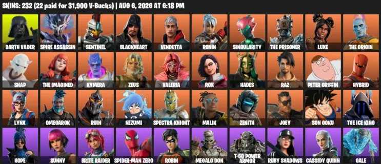 Fortnite account inventory for LVL 3428 - Darth Vader - Spire Assassin - 232 Outfits