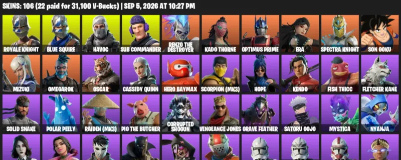 Fortnite account inventory for LVL 1645 - Royale Knight - Blue Squire - 106 Outfits
