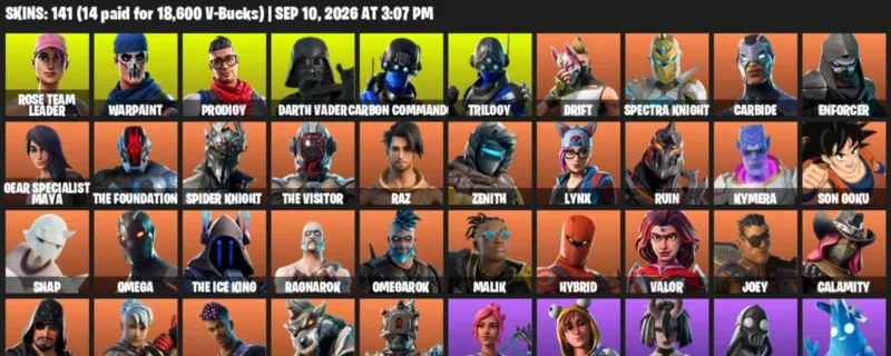 Fortnite account inventory for LVL 2273 - Rose Team Leader - Warpaint - 141 Outfits