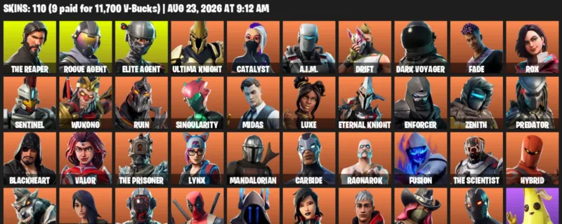 Fortnite account inventory for LVL 1373 - The Reaper - Rogue Agent - 110 Outfits