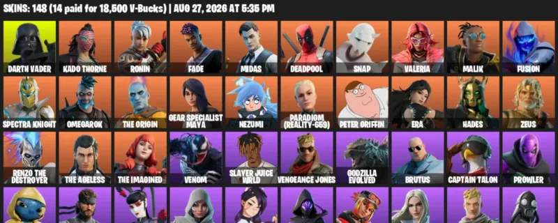 Fortnite account inventory for LVL 2535 - Darth Vader - Kado Thorne - 148 Outfits
