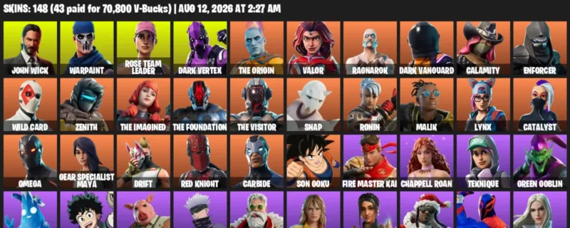Fortnite account inventory for LVL 1639 - John Wick - Warpaint - 148 Outfits