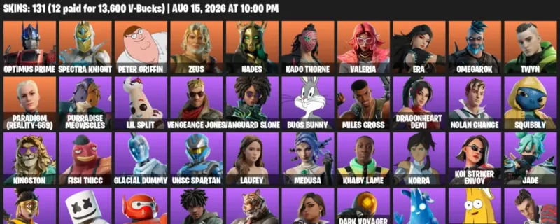 Fortnite account inventory for LVL 4332 - Optimus Prime - Spectra Knight - 131 Outfits