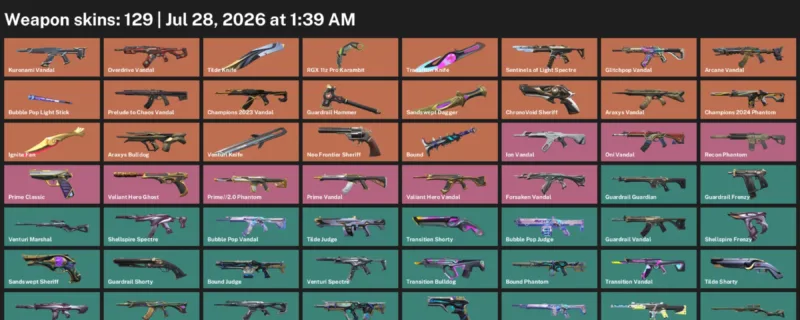Valorant Accounts listing: LVL 207 · Ignite Fan & RGX 11z Pro Karambit · 129 Skins - Gold 2, 129 skins