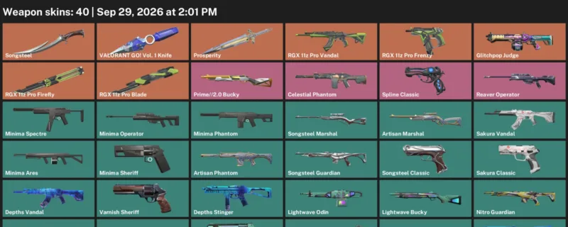 Valorant account inventory for LVL 28 · 40 Skins RGX 11z Pro Blade & Valorant GO! Vol. 1 Knife