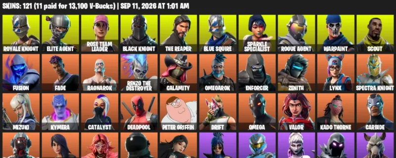Fortnite account inventory for LVL 1665 - Royale Knight - Elite Agent - 121 Outfits