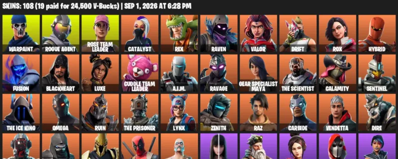 Fortnite account inventory for LVL 1728 - Warpaint - Rogue Agent - 108 Outfits