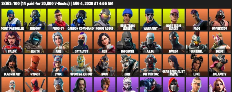 Fortnite account inventory for LVL 988 - Point Patroller - Trilogy - 100 Outfits