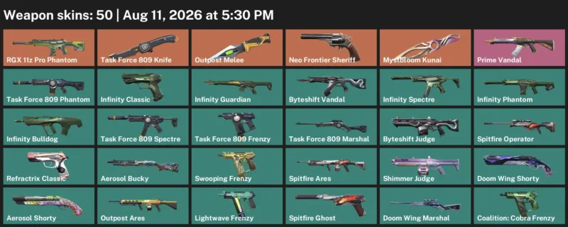 Valorant account inventory for LVL 224 · Task Force 809 Knife & Aerosol Operator