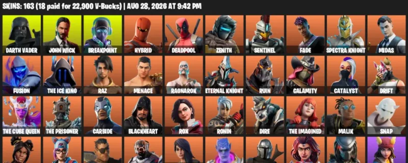 Fortnite account inventory for LVL 2642 - Darth Vader - John Wick - 163 Outfits