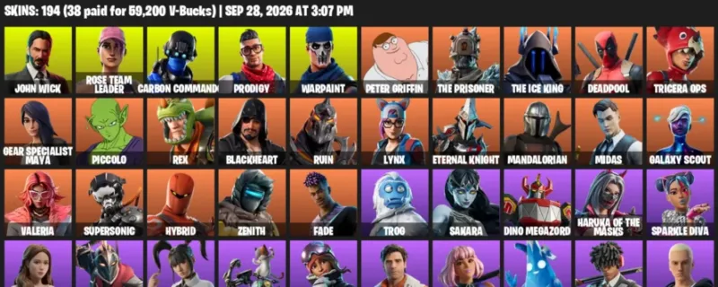 Fortnite account inventory for John Wick - Rose Team Leader - 120 Outfits