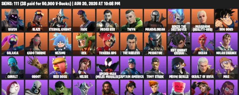 Fortnite account inventory for LVL 1488 - Raven - Blaze - 111 Outfits